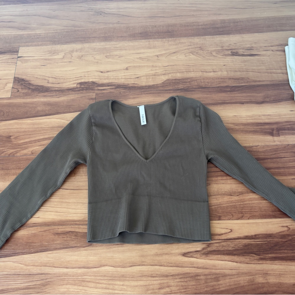 Nikibiki Ribbed V-Neck Long Sleeve Top - Olive.